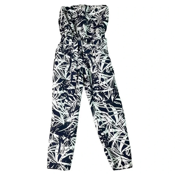 Ann Taylor Loft Navy White Tropical Print Jumpsuit Linen Strapless Size 2 Womens - Picture 1 of 13